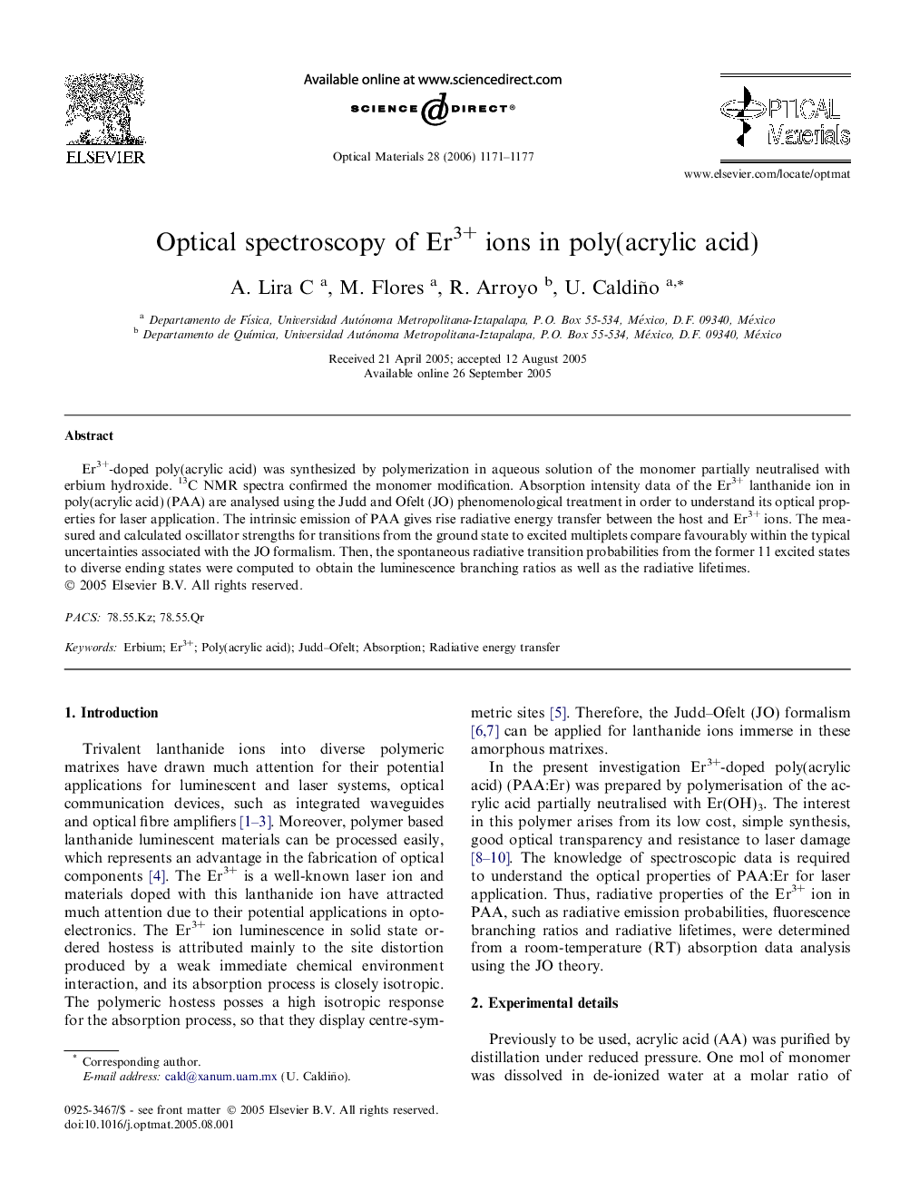 Optical spectroscopy of Er3+ ions in poly(acrylic acid)