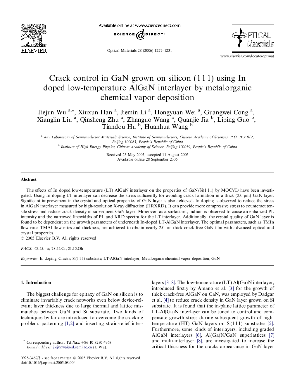 Crack control in GaN grown on silicon (1Â 1Â 1) using In doped low-temperature AlGaN interlayer by metalorganic chemical vapor deposition