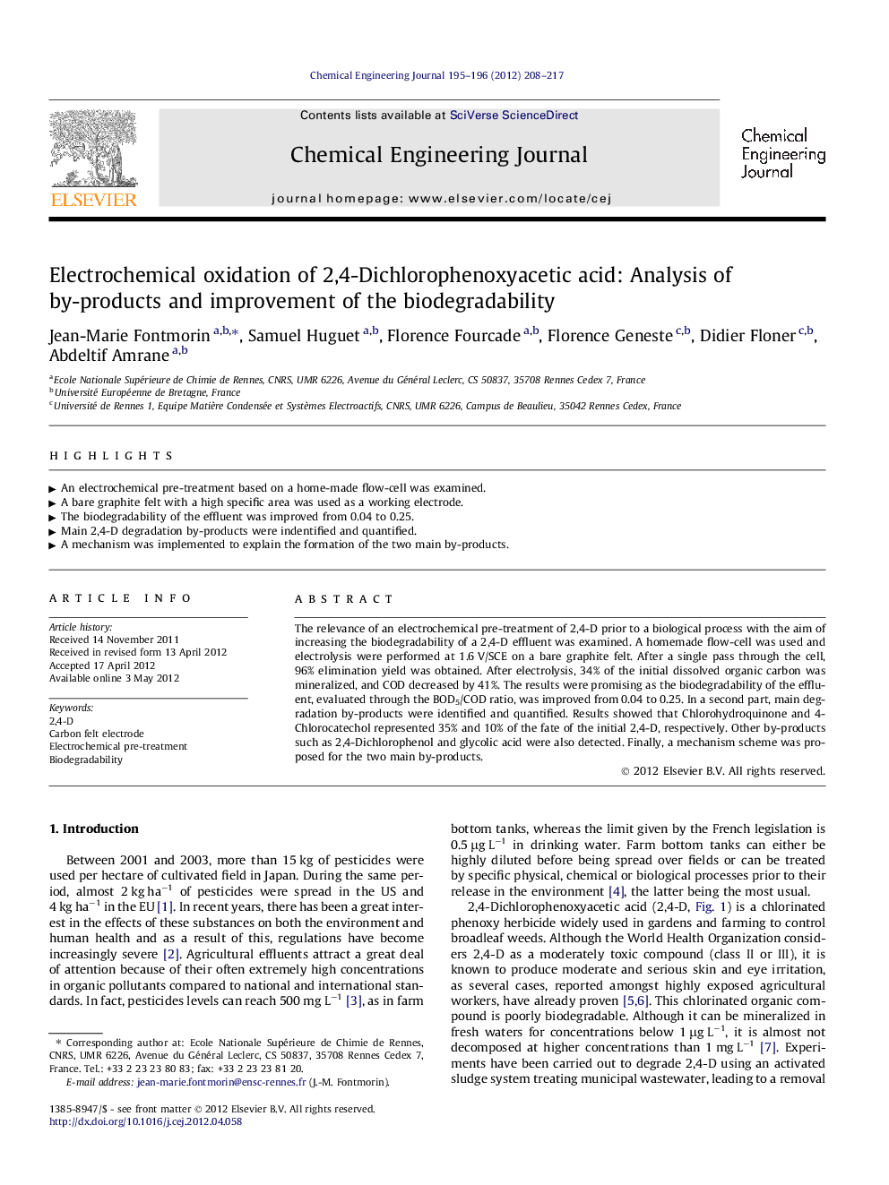 عکس صفحه اول مقاله: Electrochemical oxidation of 2,4-Dichlorophenoxyacetic acid: Analysis of by-products and improvement of the biodegradability Electrochemical oxidation of 2,4-Dichlorophenoxyacetic acid: Analysis of by-products and improvement of the biodegradability
