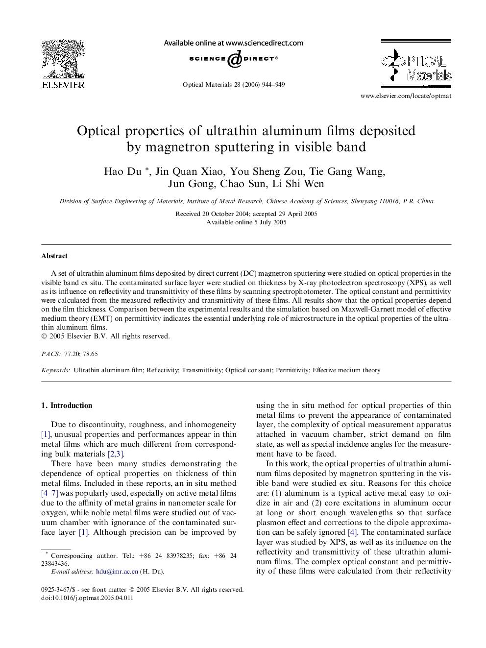 Optical properties of ultrathin aluminum films deposited by magnetron sputtering in visible band