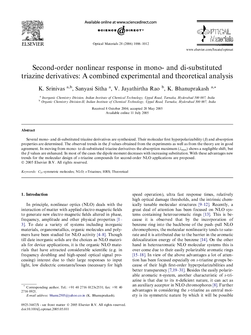 Second-order nonlinear response in mono- and di-substituted triazine derivatives: A combined experimental and theoretical analysis