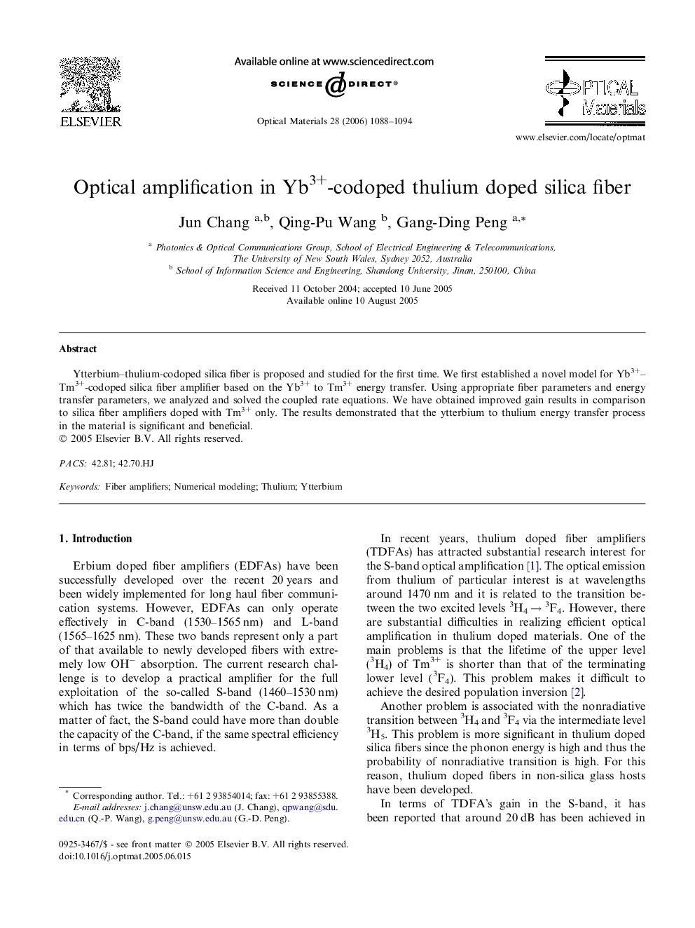 Optical amplification in Yb3+-codoped thulium doped silica fiber