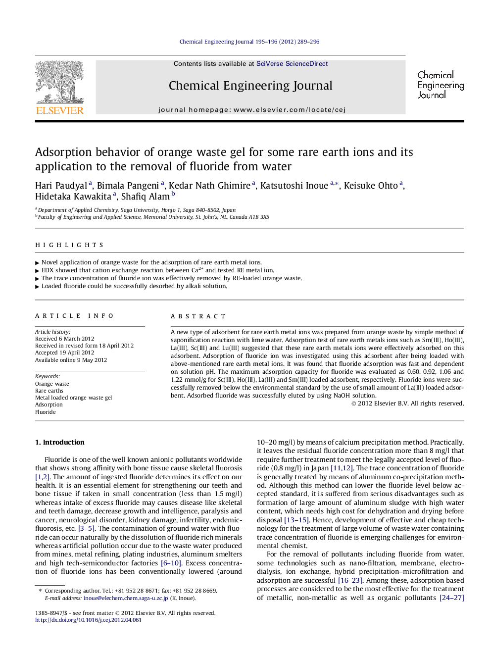 Adsorption behavior of orange waste gel for some rare earth ions and its application to the removal of fluoride from water