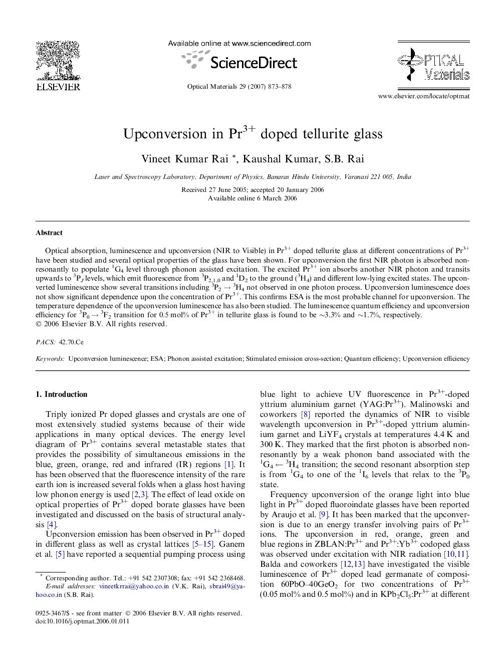 Upconversion in Pr3+ doped tellurite glass