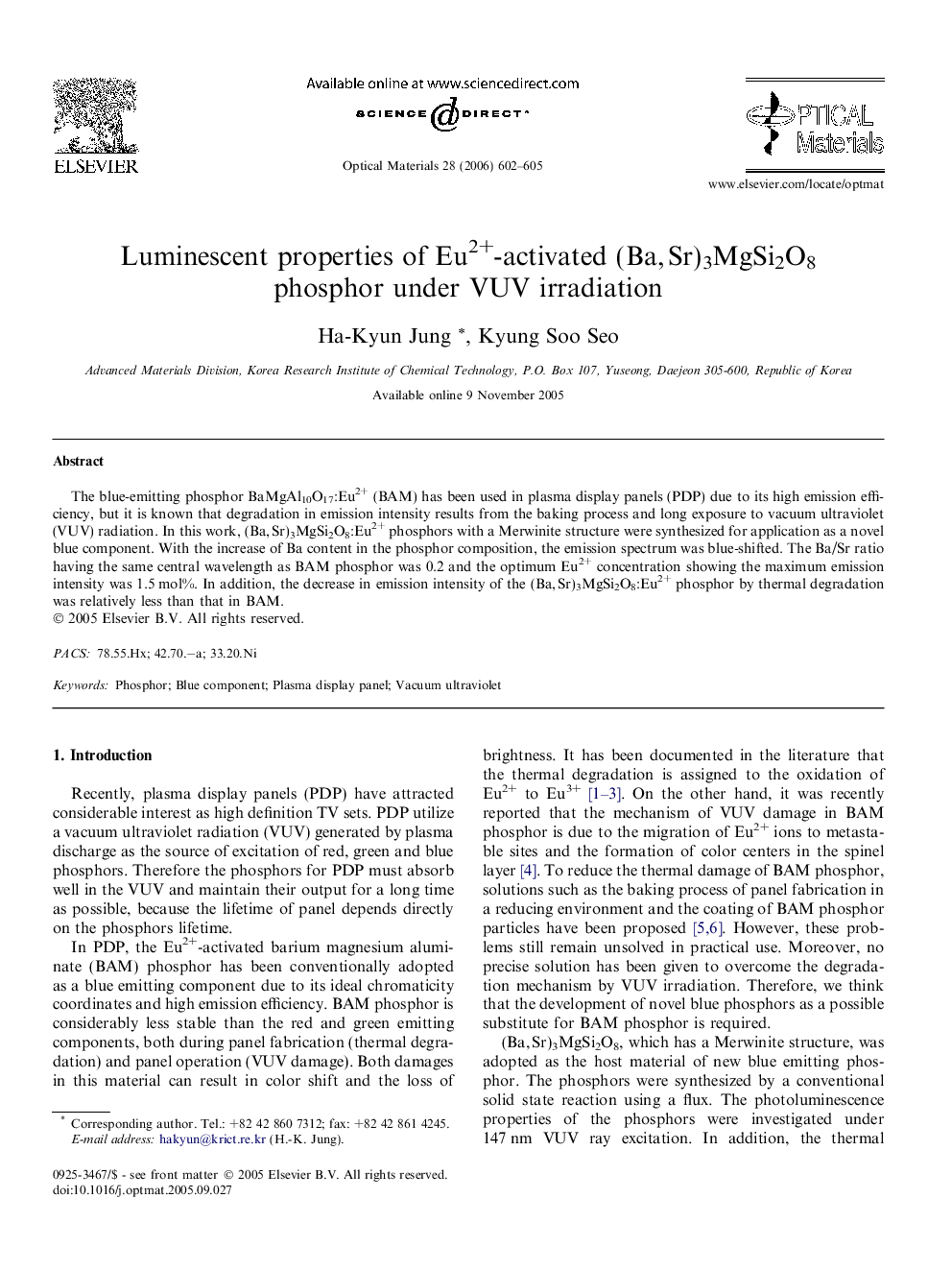 Luminescent properties of Eu2+-activated (Ba, Sr)3MgSi2O8 phosphor under VUV irradiation