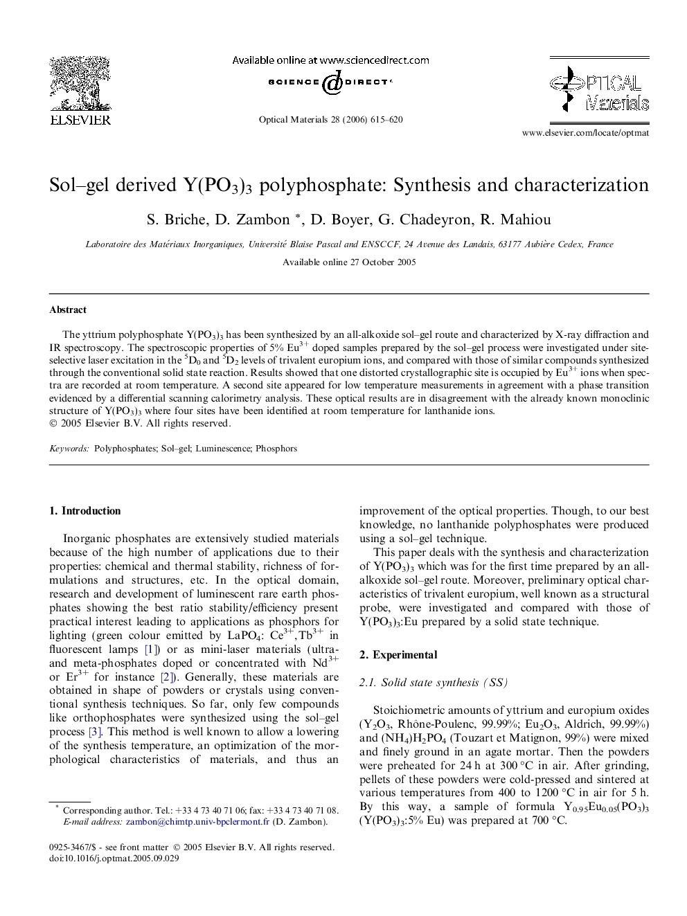 Sol–gel derived Y(PO3)3 polyphosphate: Synthesis and characterization