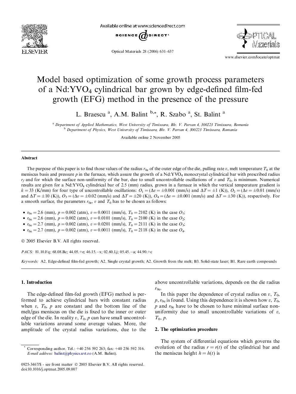 Model based optimization of some growth process parameters of a Nd:YVO4 cylindrical bar grown by edge-defined film-fed growth (EFG) method in the presence of the pressure