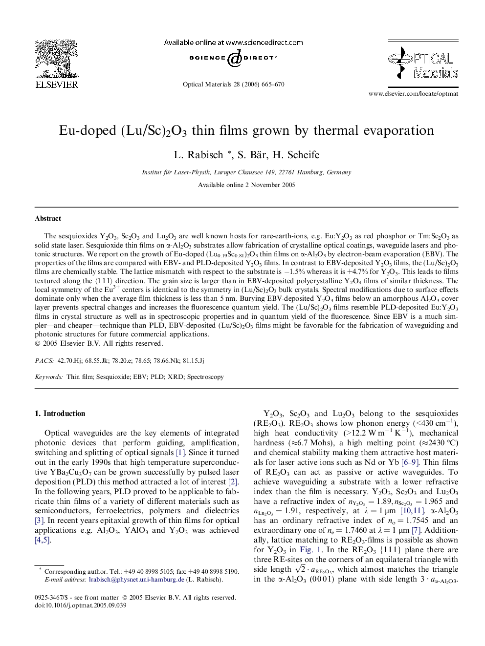 Eu-doped (Lu/Sc)2O3 thin films grown by thermal evaporation