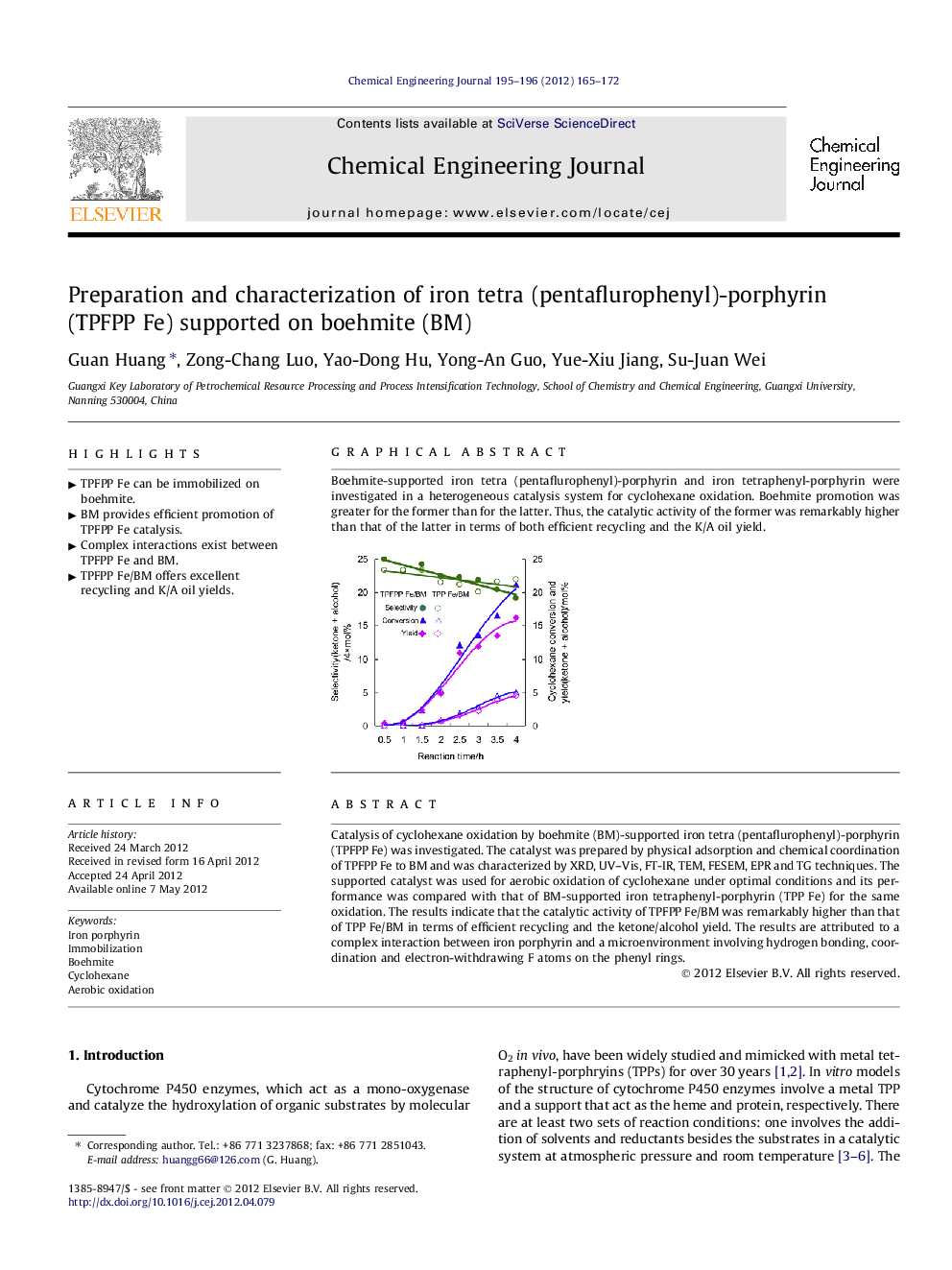 عکس صفحه اول مقاله: Preparation and characterization of iron tetra (pentaflurophenyl)-porphyrin (TPFPP Fe) supported on boehmite (BM) Preparation and characterization of iron tetra (pentaflurophenyl)-porphyrin (TPFPP Fe) supported on boehmite (BM)