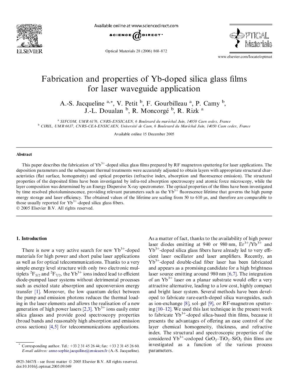 Fabrication and properties of Yb-doped silica glass films for laser waveguide application