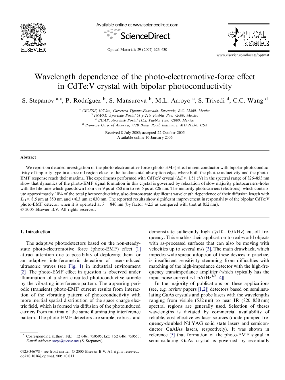 عکس صفحه اول مقاله: Wavelength dependence of the photo-electromotive-force effect in CdTe:V crystal with bipolar photoconductivity Wavelength dependence of the photo-electromotive-force effect in CdTe:V crystal with bipolar photoconductivity