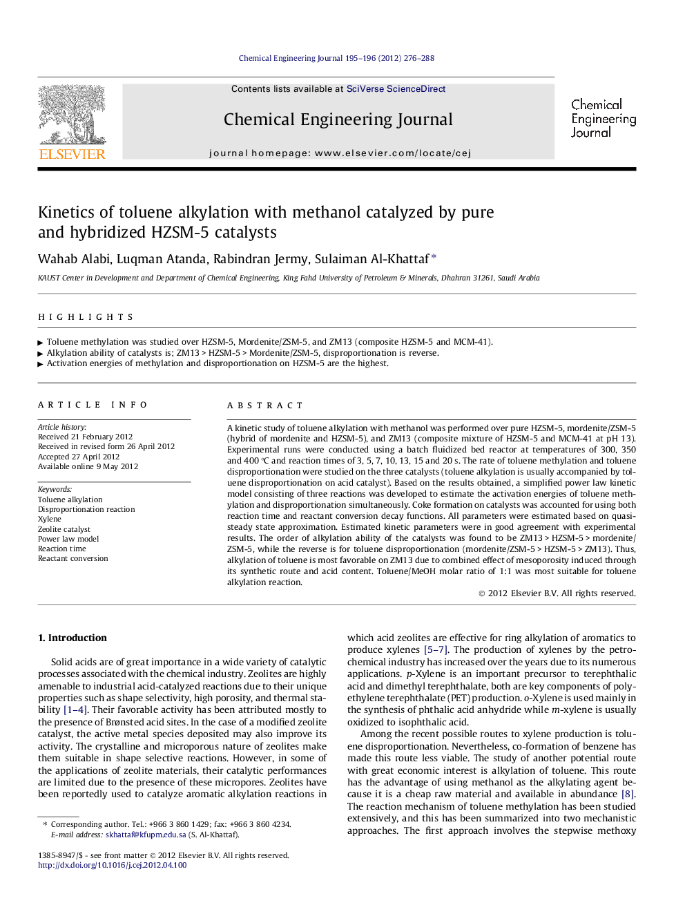 Kinetics of toluene alkylation with methanol catalyzed by pure and hybridized HZSM-5 catalysts