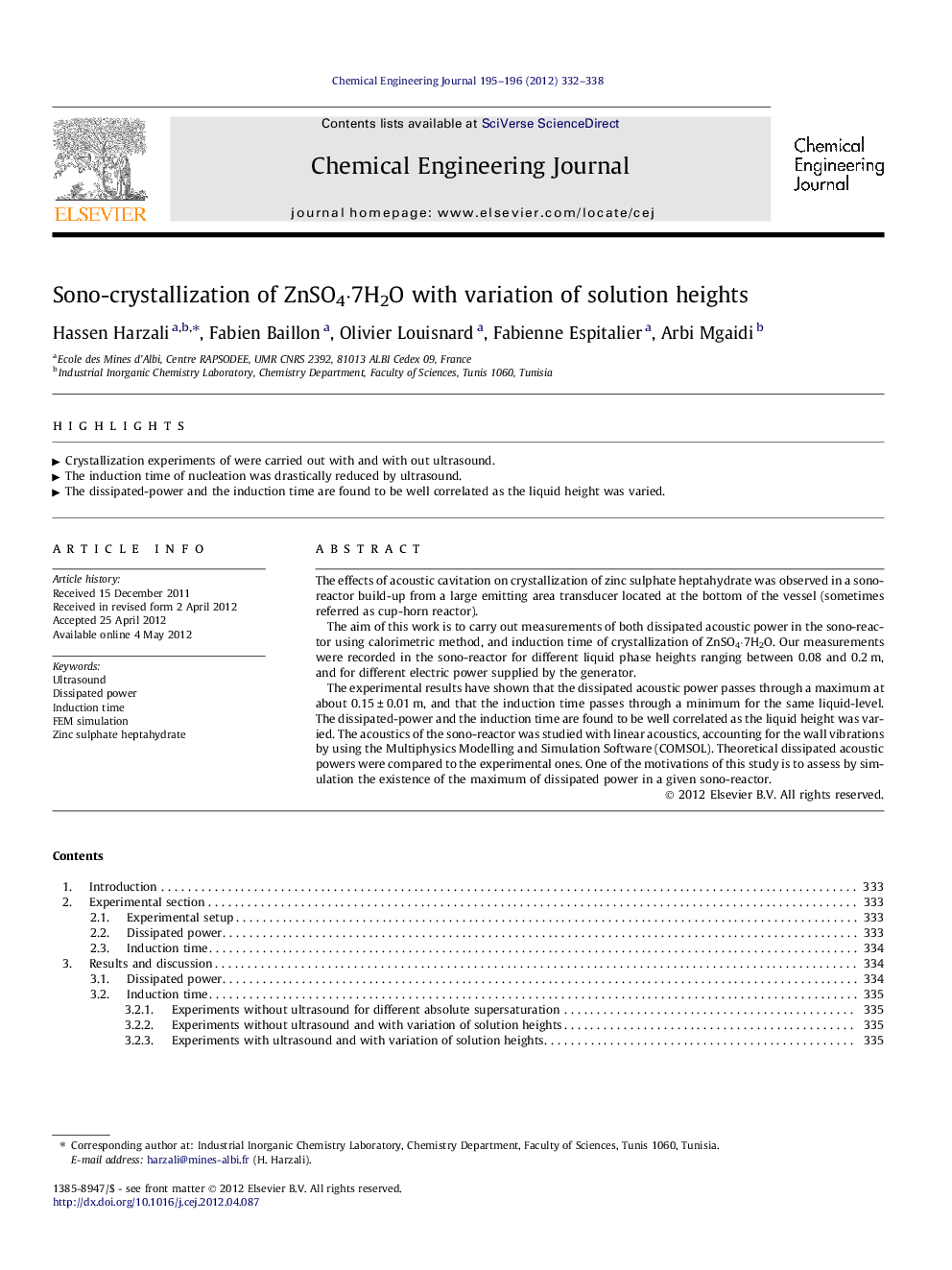 Sono-crystallization of ZnSO4⋅7H2O with variation of solution heights