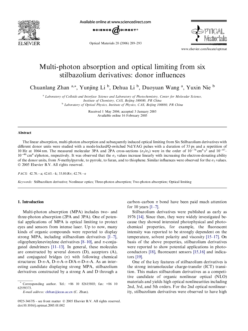 Multi-photon absorption and optical limiting from six stilbazolium derivatives: donor influences