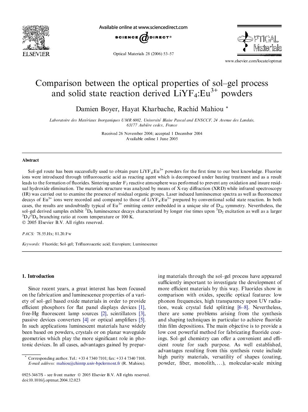 Comparison between the optical properties of sol–gel process and solid state reaction derived LiYF4:Eu3+ powders