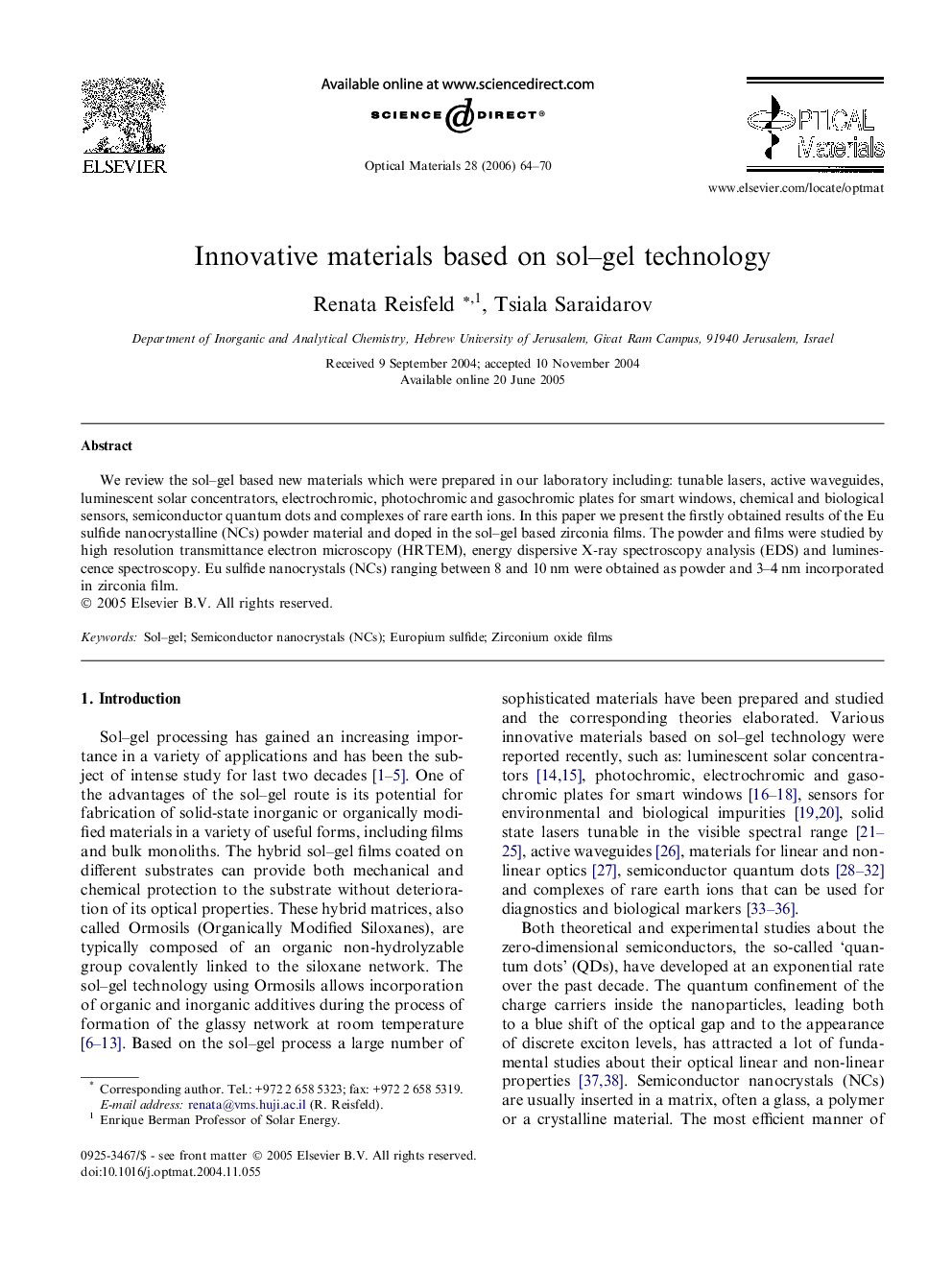 Innovative materials based on sol–gel technology