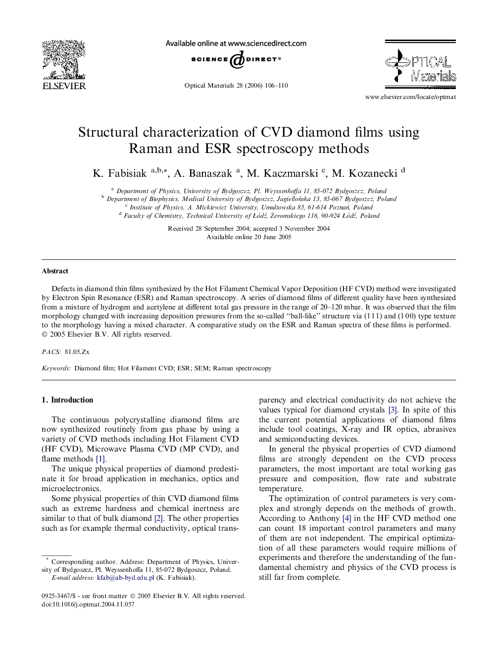 Structural characterization of CVD diamond films using Raman and ESR spectroscopy methods