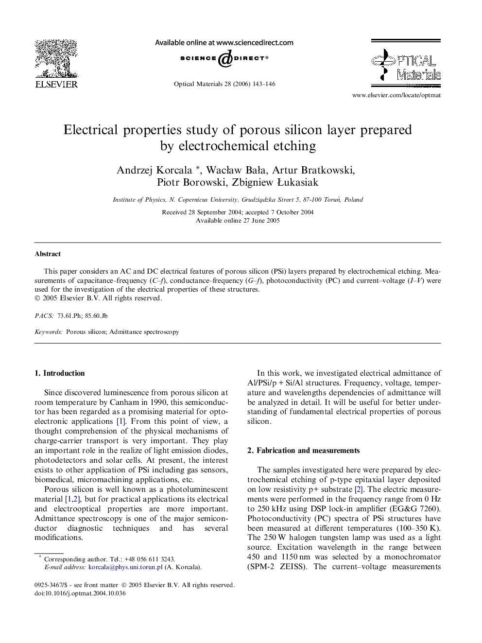 Electrical properties study of porous silicon layer prepared by electrochemical etching