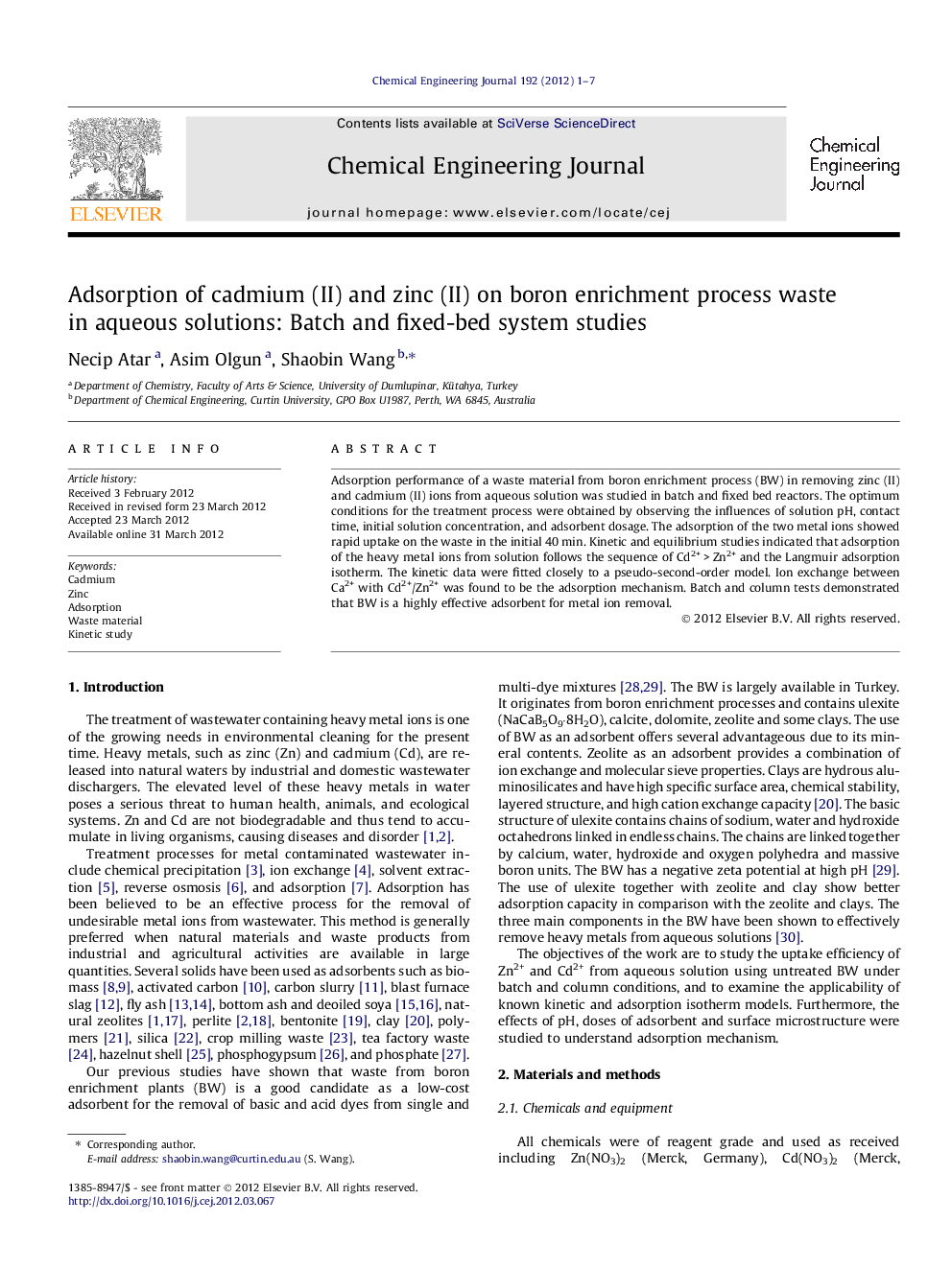 Adsorption of cadmium (II) and zinc (II) on boron enrichment process waste in aqueous solutions: Batch and fixed-bed system studies