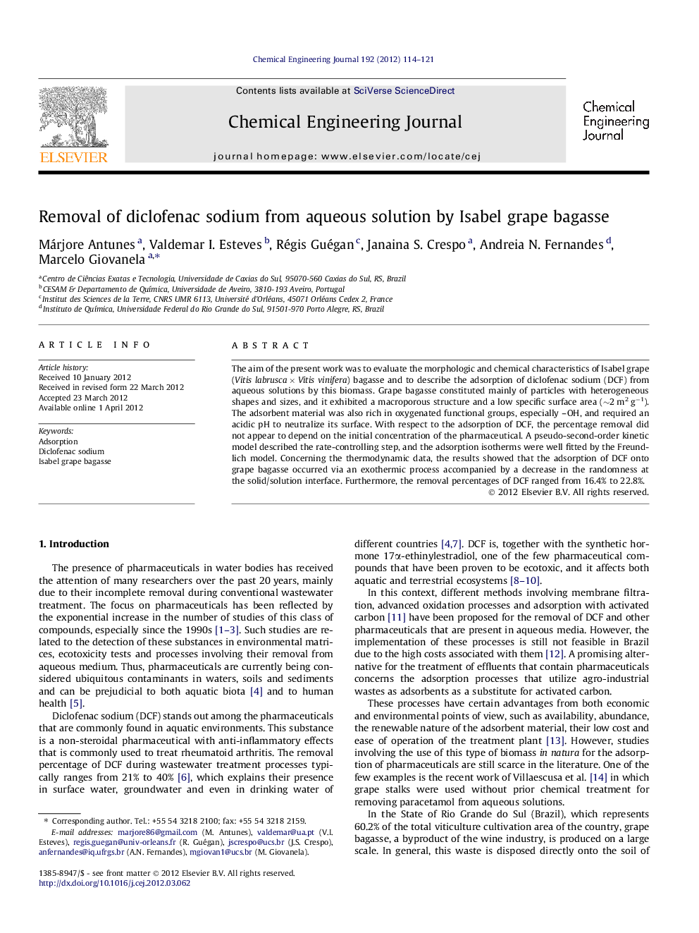 Removal of diclofenac sodium from aqueous solution by Isabel grape bagasse