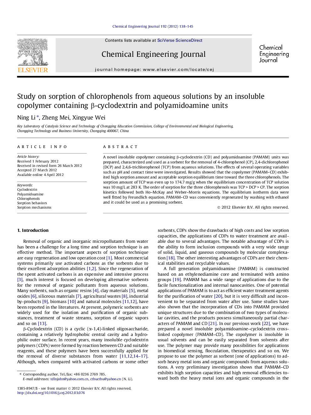 Study on sorption of chlorophenols from aqueous solutions by an insoluble copolymer containing β-cyclodextrin and polyamidoamine units