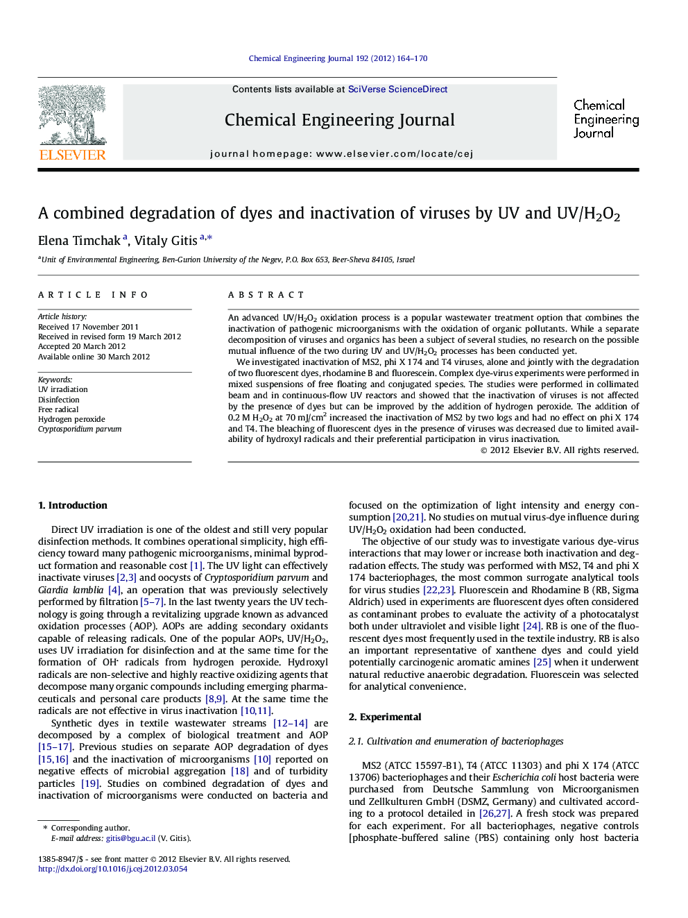 A combined degradation of dyes and inactivation of viruses by UV and UV/H2O2