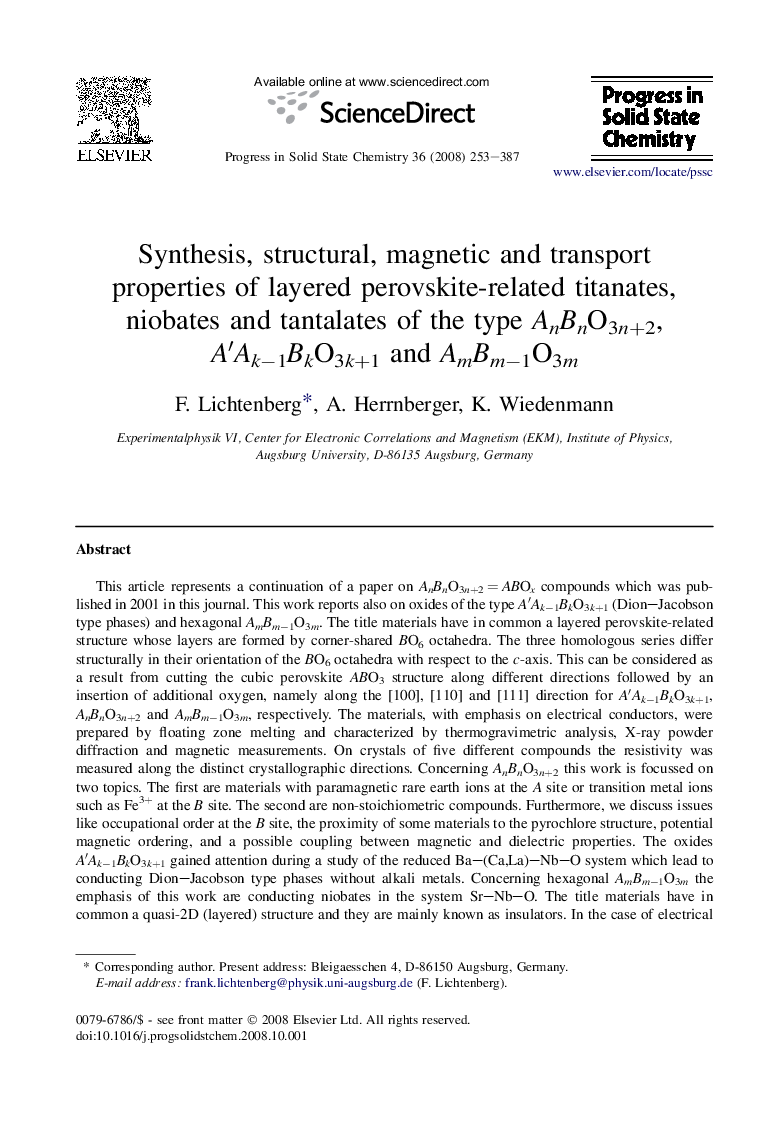 Synthesis, structural, magnetic and transport properties of layered perovskite-related titanates, niobates and tantalates of the type AnBnO3n+2, A′Ak−1BkO3k+1 and AmBm−1O3m