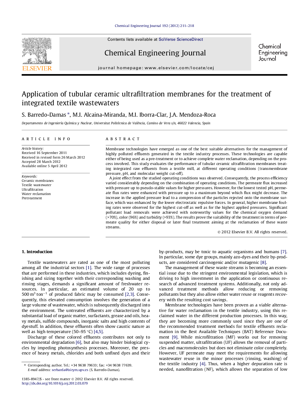 Application of tubular ceramic ultrafiltration membranes for the treatment of integrated textile wastewaters