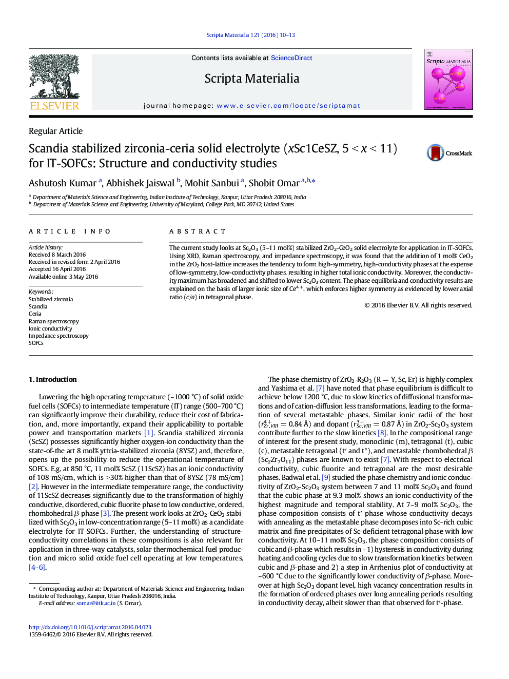 (xSc1CeSZ، 5 <x <11) الکترولیت جامد زیرکونیا ـ سریمی تثبیت شده با اسکاندیا برای IT-SOFC: مطالعات ساختاری و رسانایی