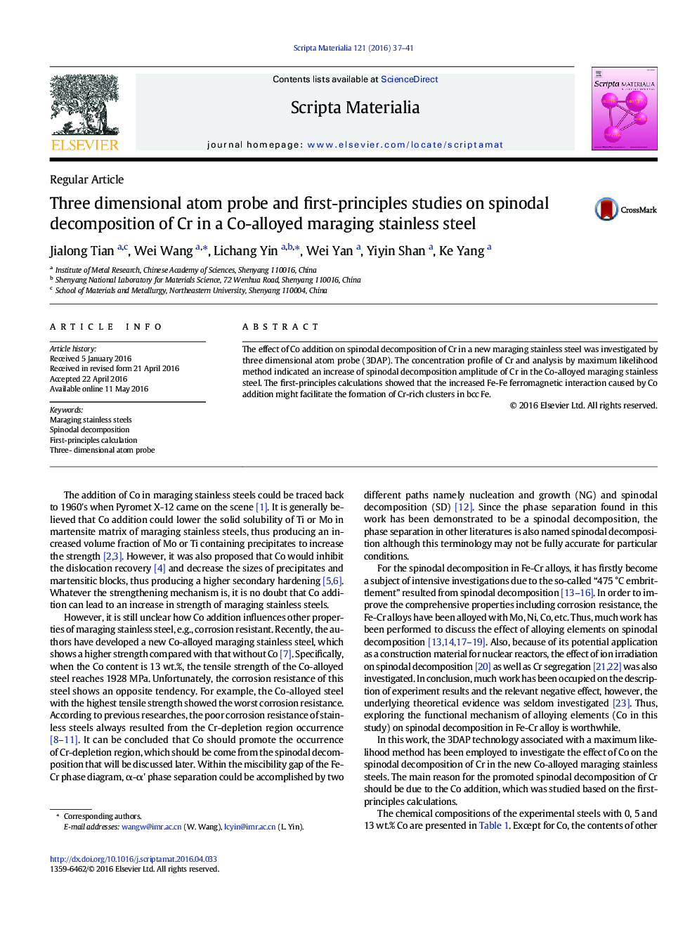 Three dimensional atom probe and first-principles studies on spinodal decomposition of Cr in a Co-alloyed maraging stainless steel