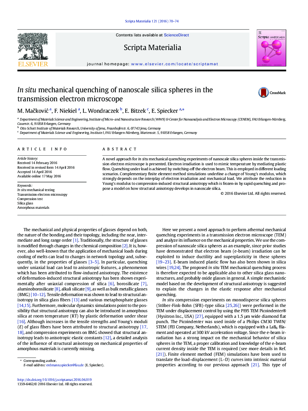 In situ mechanical quenching of nanoscale silica spheres in the transmission electron microscope