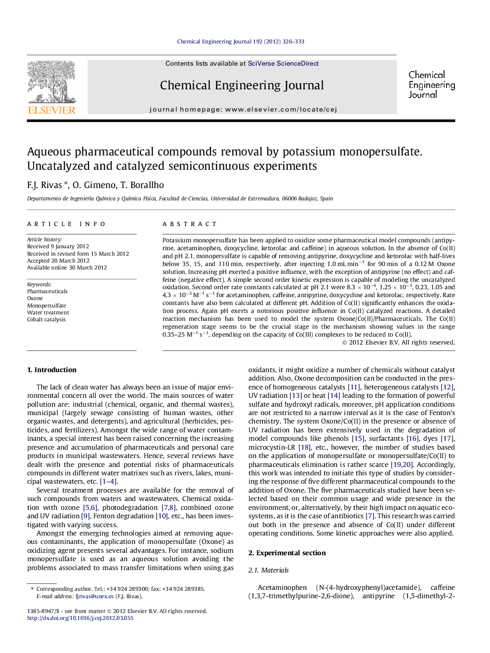 Aqueous pharmaceutical compounds removal by potassium monopersulfate. Uncatalyzed and catalyzed semicontinuous experiments