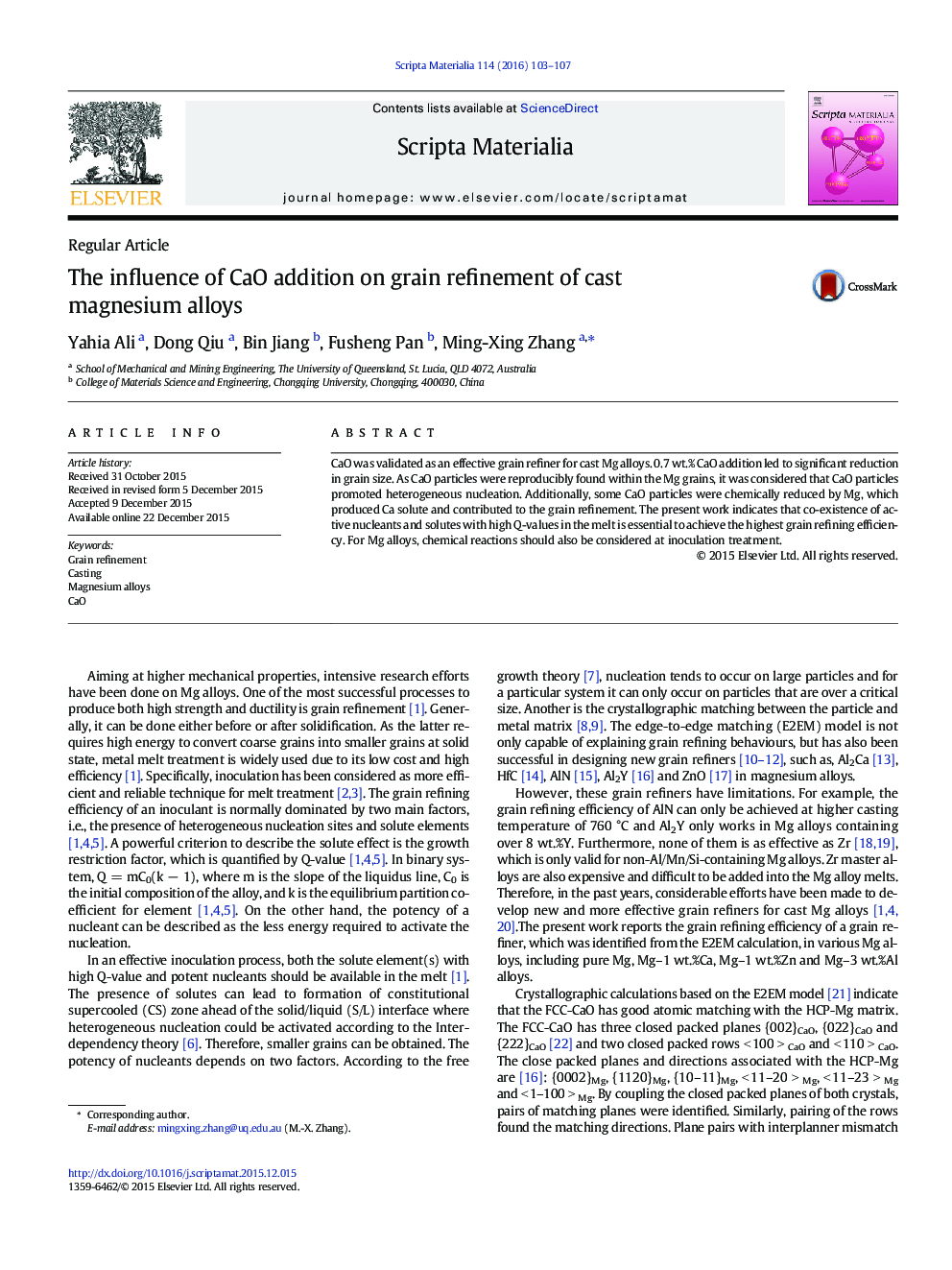 The influence of CaO addition on grain refinement of cast magnesium alloys