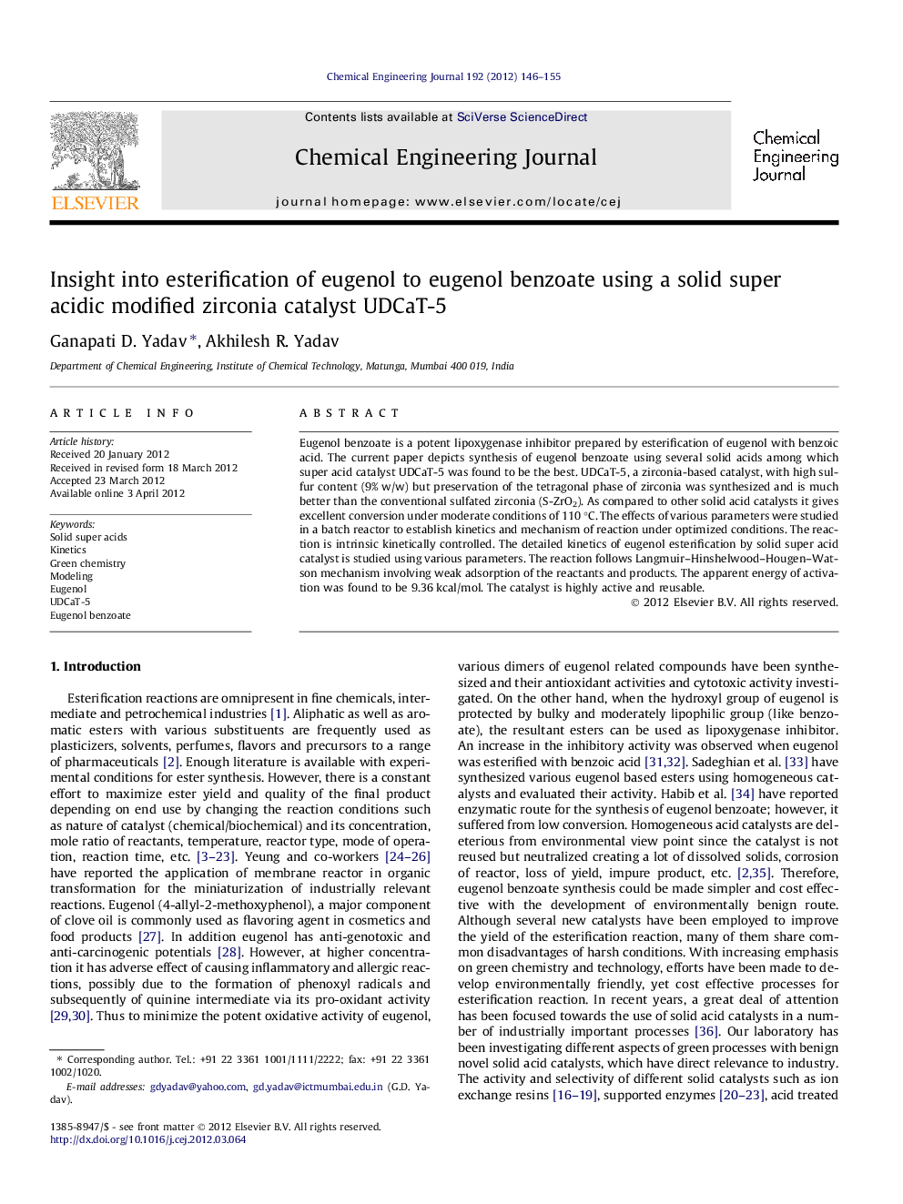 Insight into esterification of eugenol to eugenol benzoate using a solid super acidic modified zirconia catalyst UDCaT-5