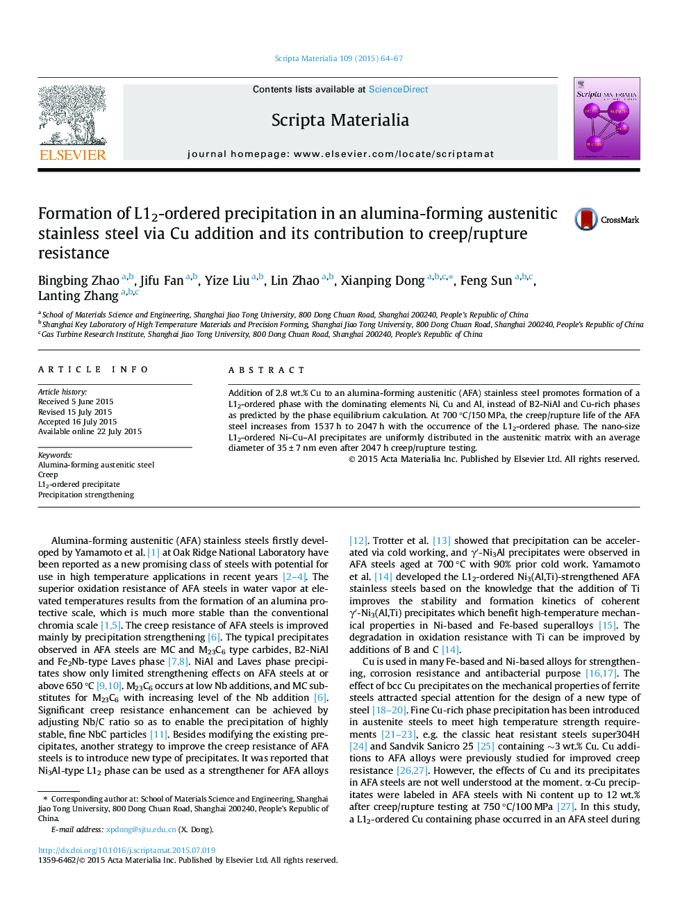 Formation of L12-ordered precipitation in an alumina-forming austenitic stainless steel via Cu addition and its contribution to creep/rupture resistance