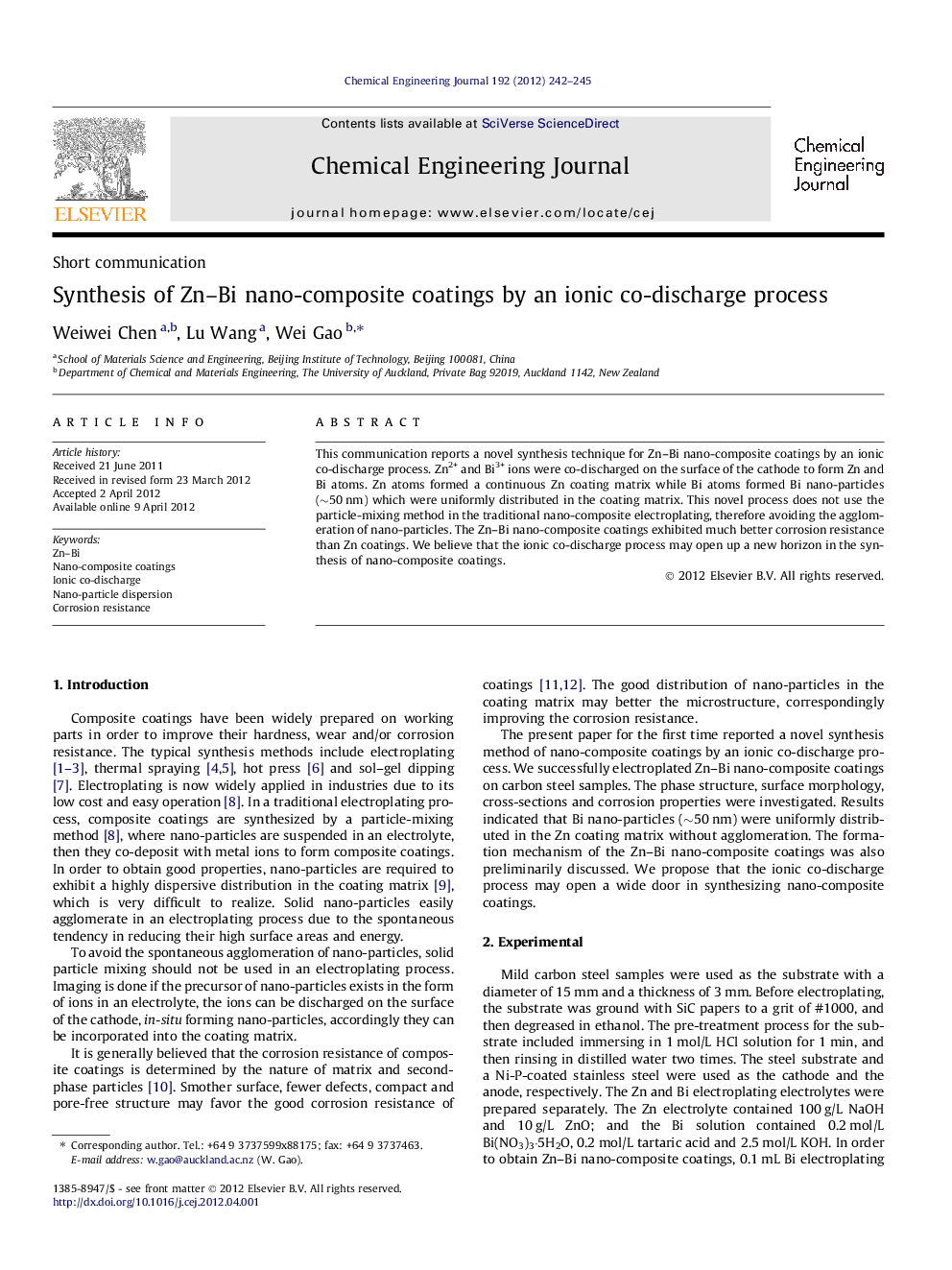 Synthesis of Zn–Bi nano-composite coatings by an ionic co-discharge process