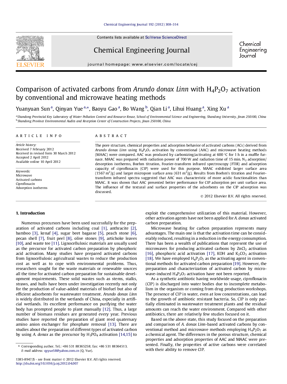 Comparison of activated carbons from Arundo donax Linn with H4P2O7 activation by conventional and microwave heating methods