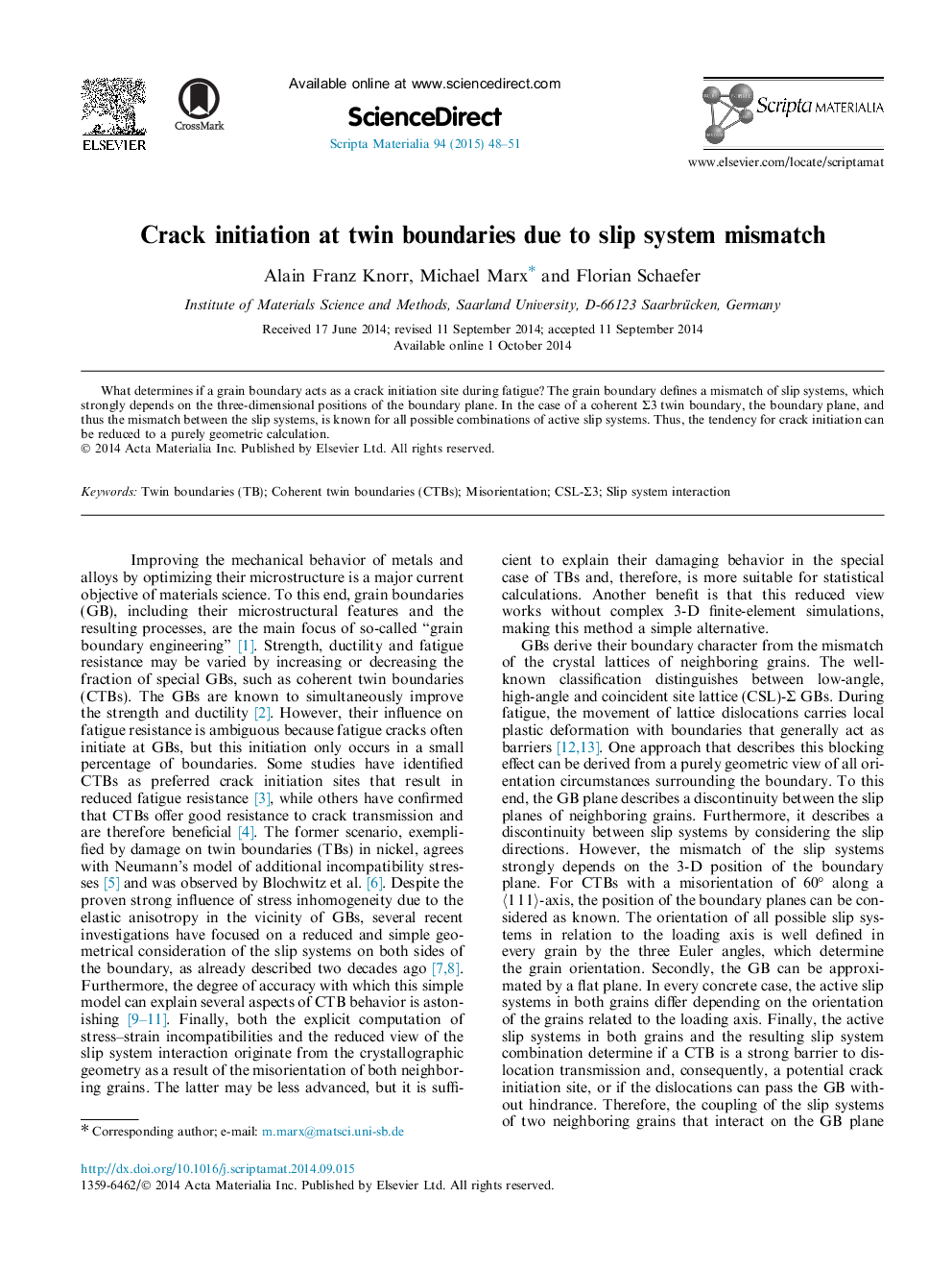 Crack initiation at twin boundaries due to slip system mismatch