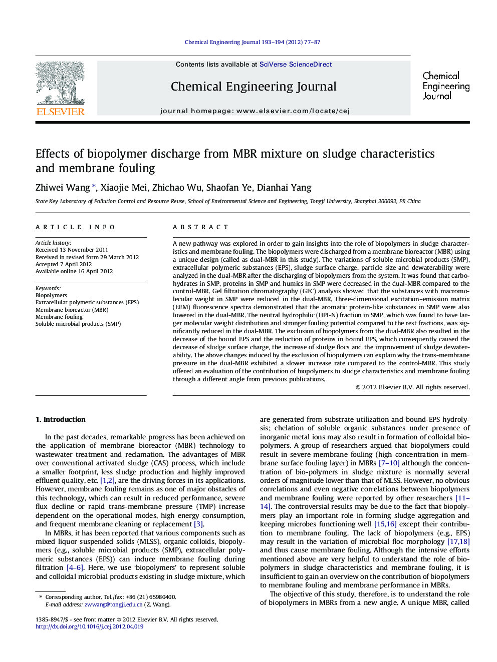 Effects of biopolymer discharge from MBR mixture on sludge characteristics and membrane fouling