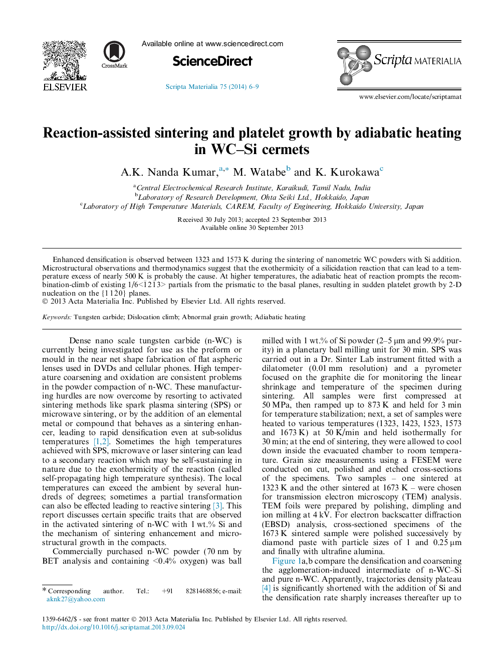 Reaction-assisted sintering and platelet growth by adiabatic heating in WC–Si cermets