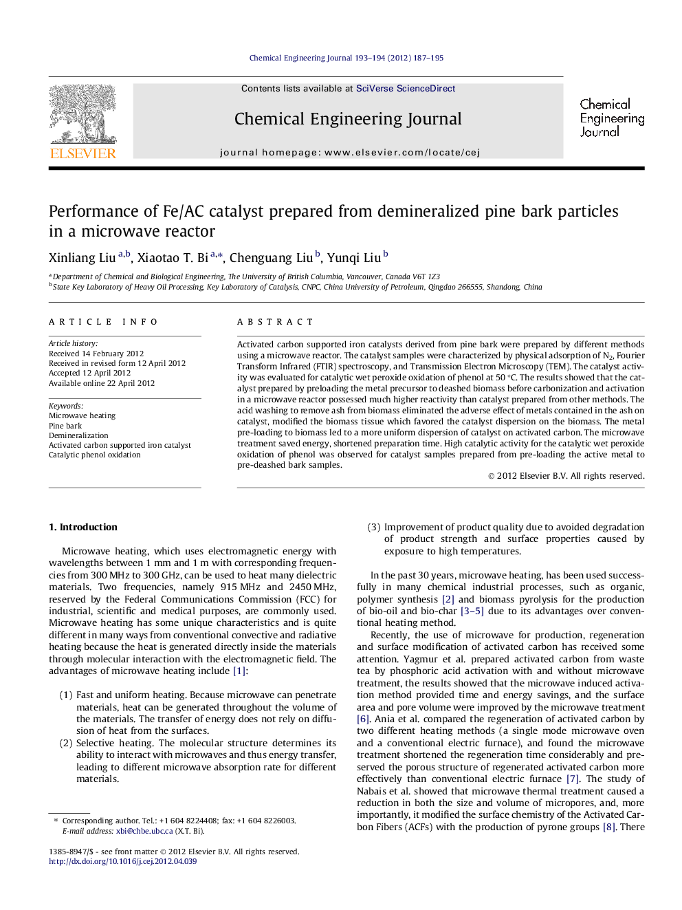 عکس صفحه اول مقاله: Performance of Fe/AC catalyst prepared from demineralized pine bark particles in a microwave reactor Performance of Fe/AC catalyst prepared from demineralized pine bark particles in a microwave reactor