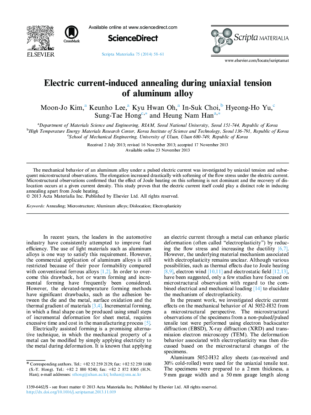 Electric current-induced annealing during uniaxial tension of aluminum alloy