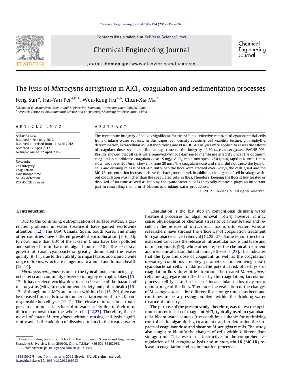 The lysis of Microcystis aeruginosa in AlCl3 coagulation and sedimentation processes