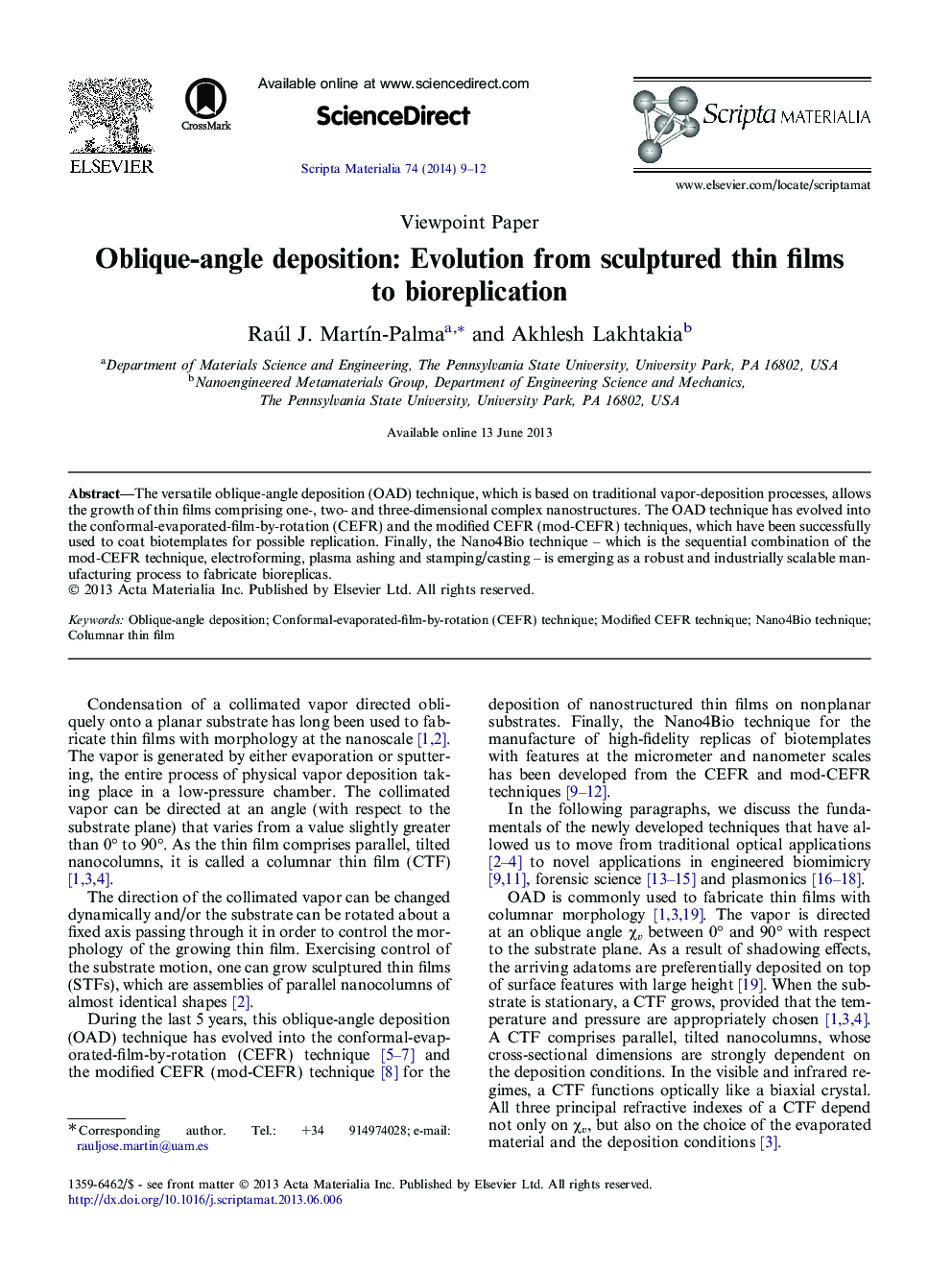 Oblique-angle deposition: Evolution from sculptured thin films to bioreplication