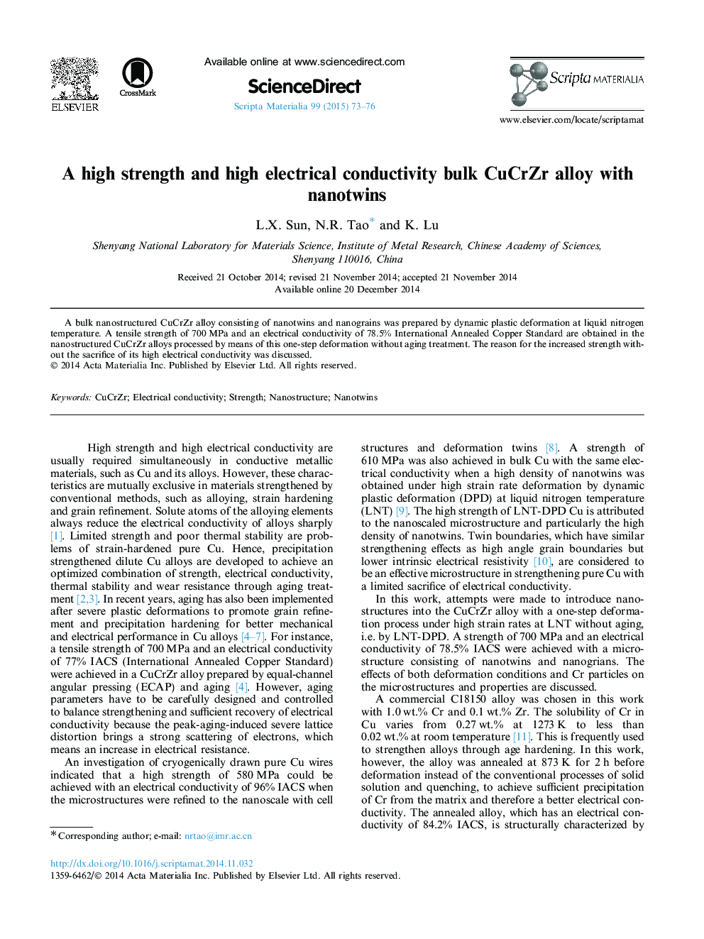 A high strength and high electrical conductivity bulk CuCrZr alloy with nanotwins