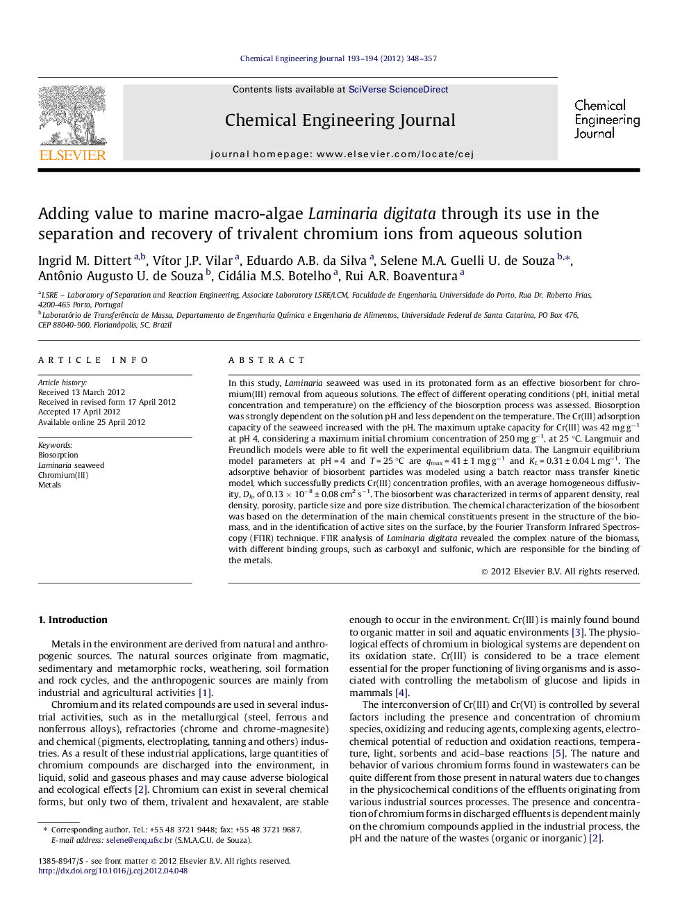 Adding value to marine macro-algae Laminaria digitata through its use in the separation and recovery of trivalent chromium ions from aqueous solution