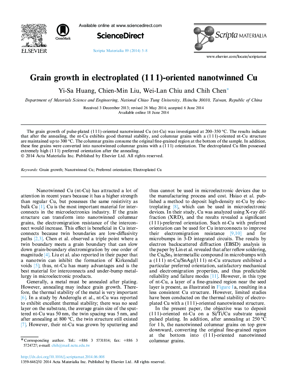 Grain growth in electroplated (1 1 1)-oriented nanotwinned Cu