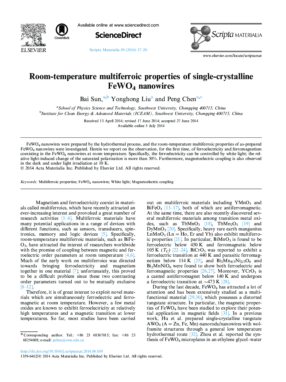 Room-temperature multiferroic properties of single-crystalline FeWO4 nanowires