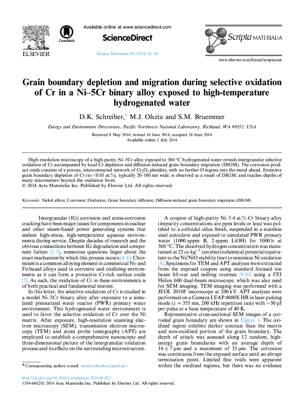 Grain boundary depletion and migration during selective oxidation of Cr in a Ni–5Cr binary alloy exposed to high-temperature hydrogenated water