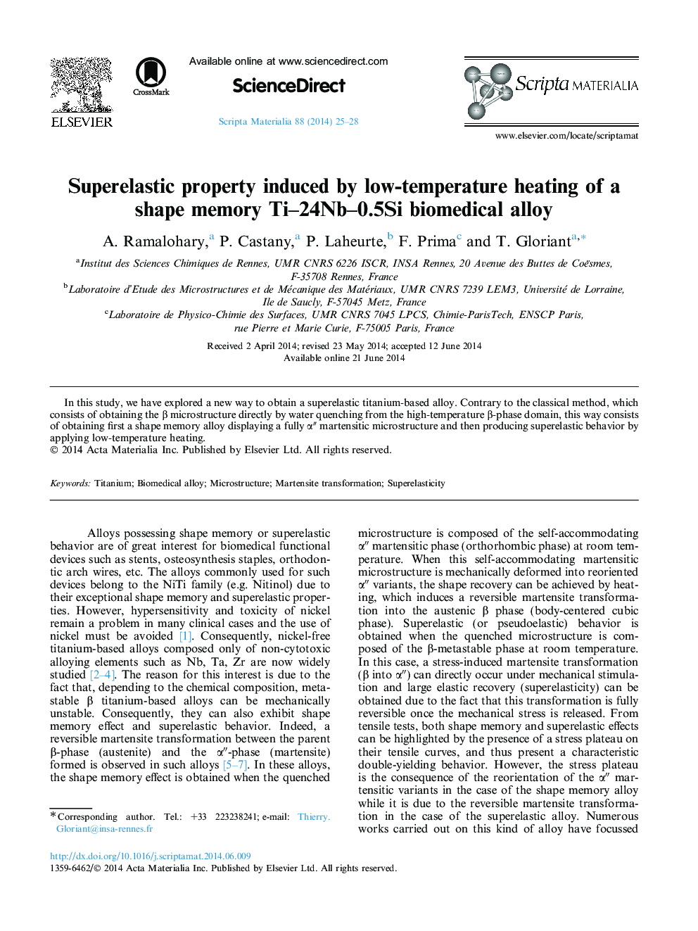 Superelastic property induced by low-temperature heating of a shape memory Ti–24Nb–0.5Si biomedical alloy